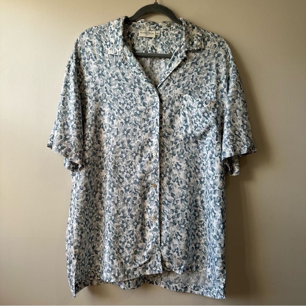 Nordstrom VTG Blue Floral Button Down Shirt Sz L Hawaiian Tropic Vacation Preppy